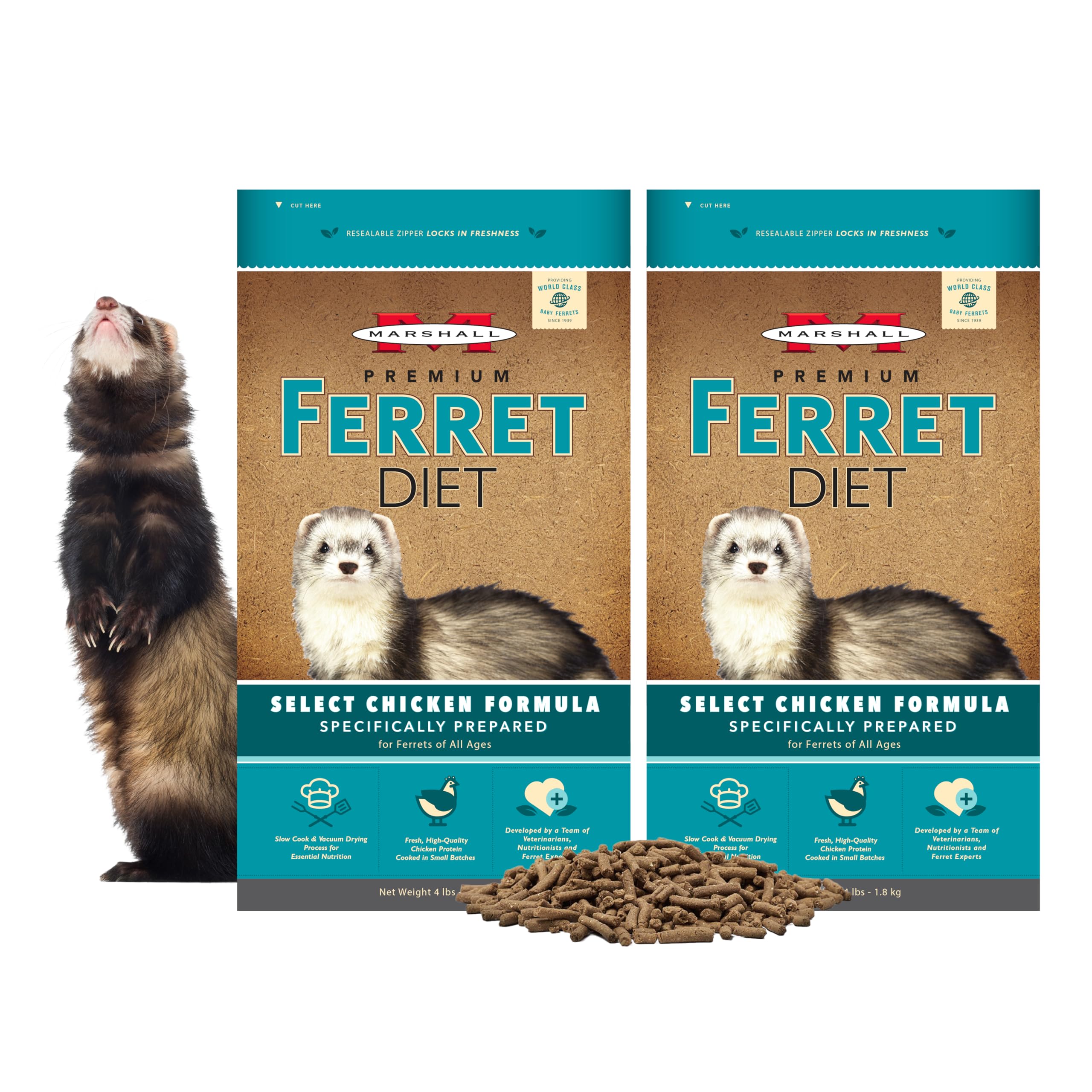 Marshall Pet Products Selección Fórmula Pollo Dieta Premium para hurones, frente al envase