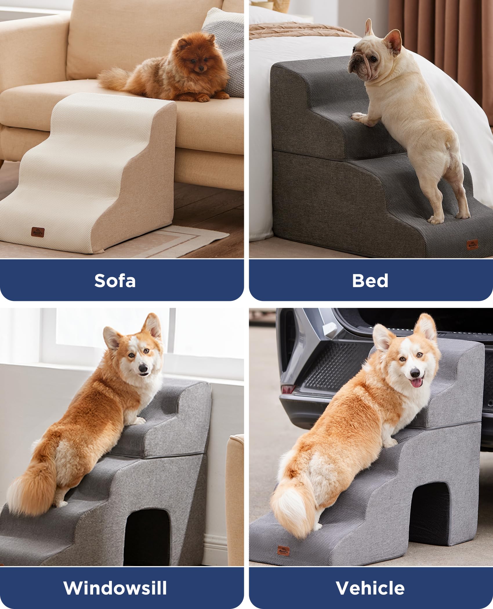 MASSFU escalera para perros, detalle tapizado, revestimiento suave y fácil de limpiar.