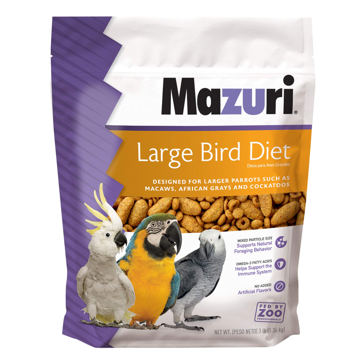 Mazuri alimento completo para aves grandes en bolsa de 3 libras, almacenamiento práctico.