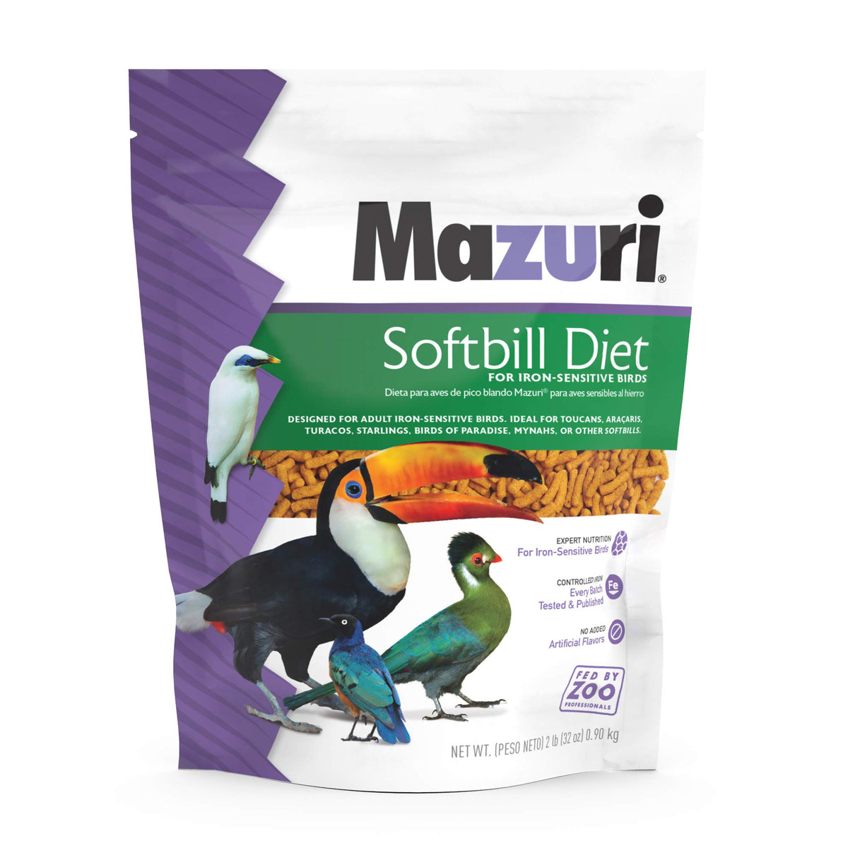 Mazuri Dieta Softbill en bolsa 2 lb, almacenamiento cómodo para aves sensibles.