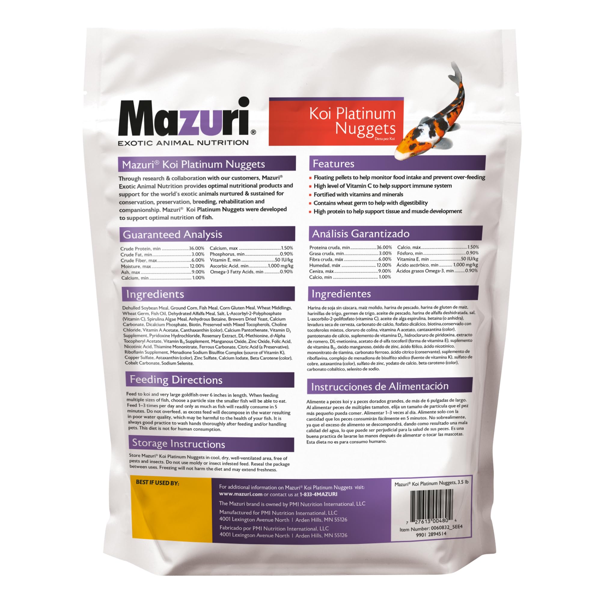 Mazuri Koi Platinum Nuggets pellets de nutrición completa para koi.