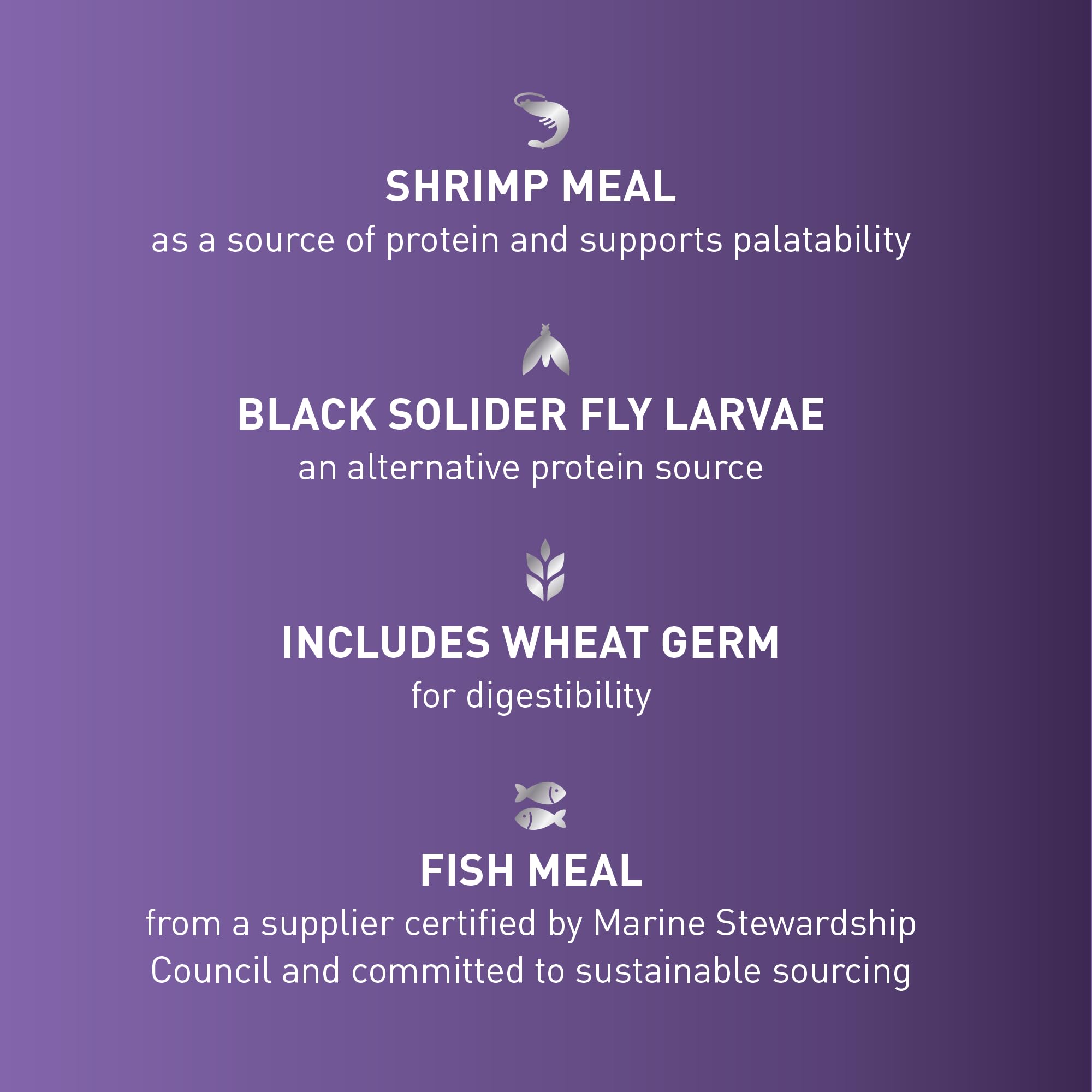 Mazuri Koi Premium Food, larvas mosca soldado negra, fuente de proteína sostenible.