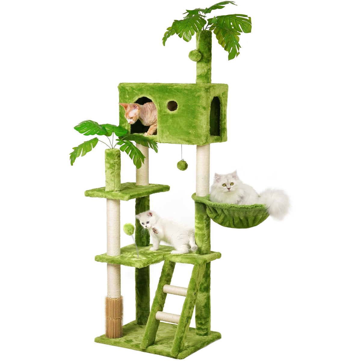 Meecal árbol para gatos con hojas verdes, ideal para juego y descanso en casa.