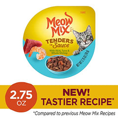Meow Mix atún y camarones en salsa, sabor irresistible para gatos.