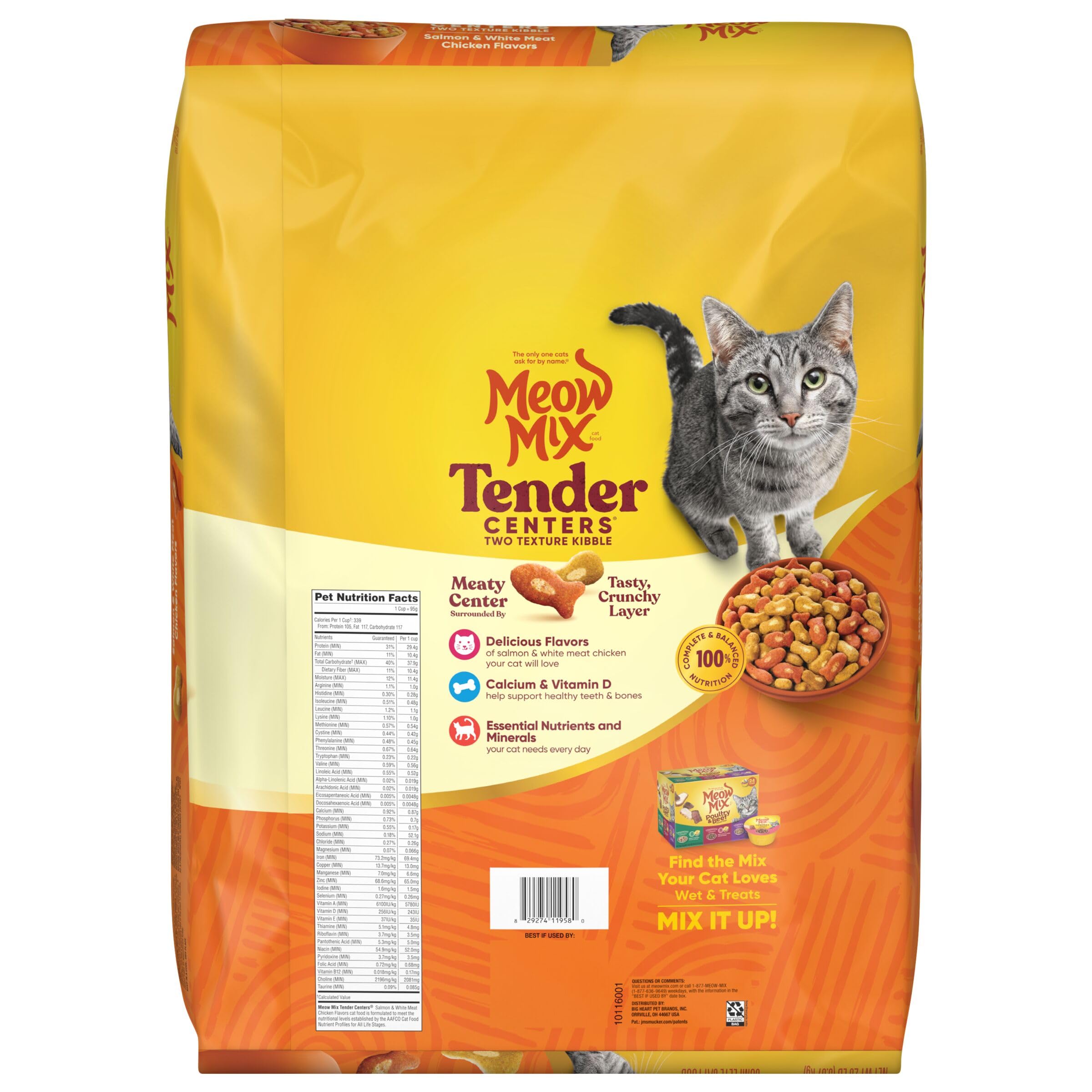 Meow Mix centros tiernos, elaborado en Estados Unidos con ingredientes globales.