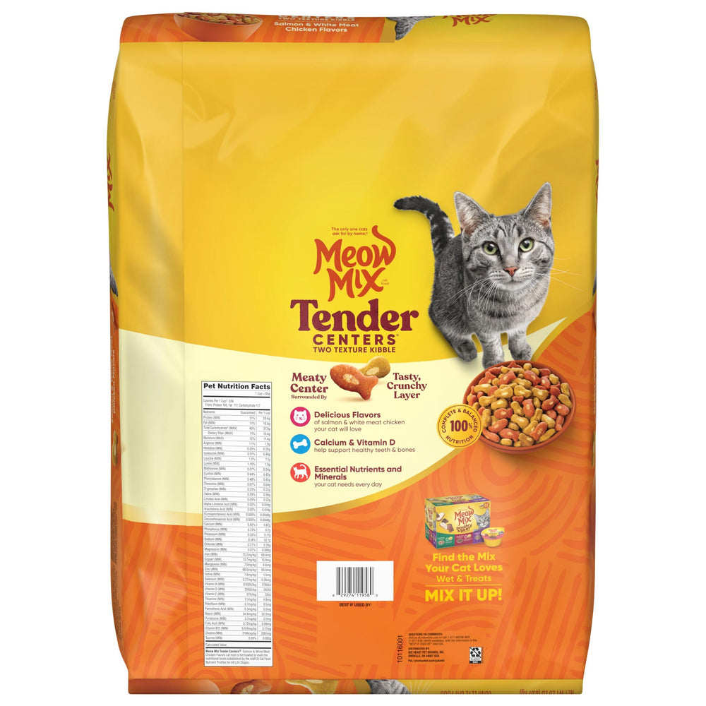 Meow Mix centros tiernos, elaborado en Estados Unidos con ingredientes globales.