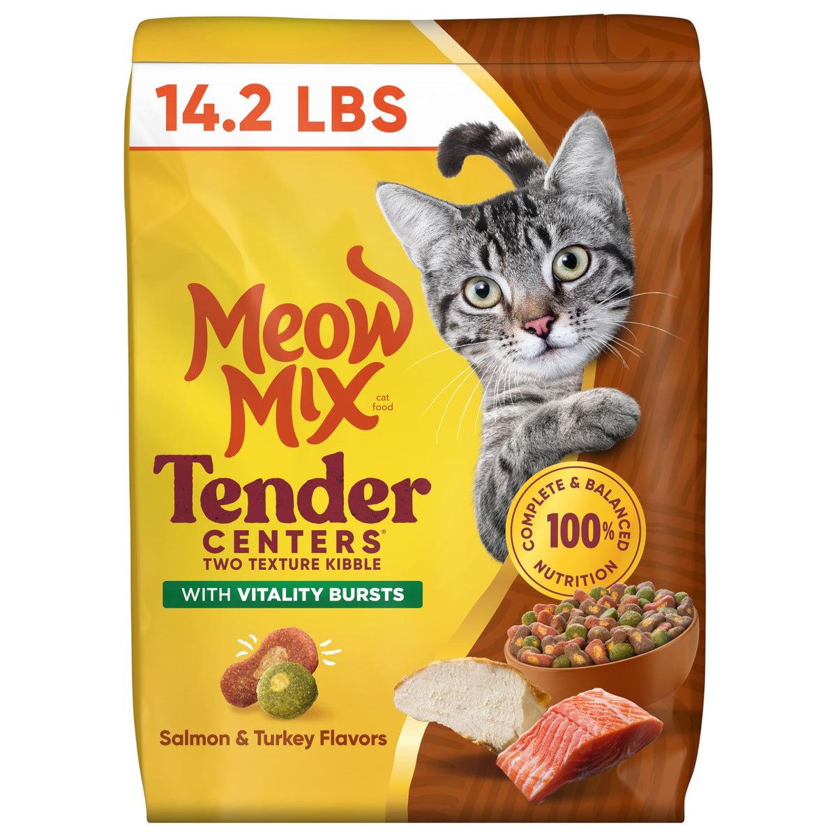 Meow Mix Centros Tiernos con Estallidos de Vitalidad, sabor salmón y pavo.