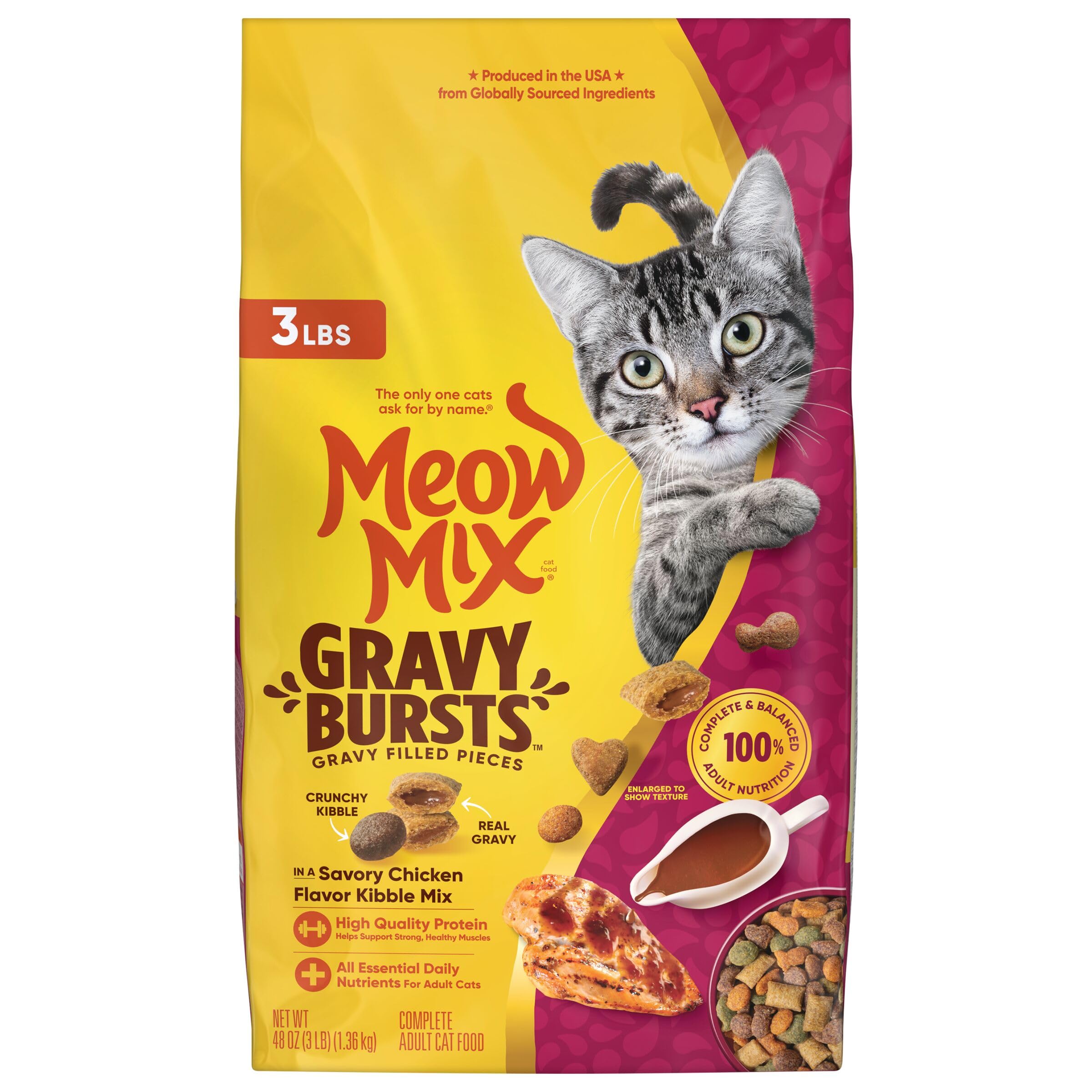 Meow Mix Gravy Bursts, bolsa de 3 libras lista para alimentar al gato.