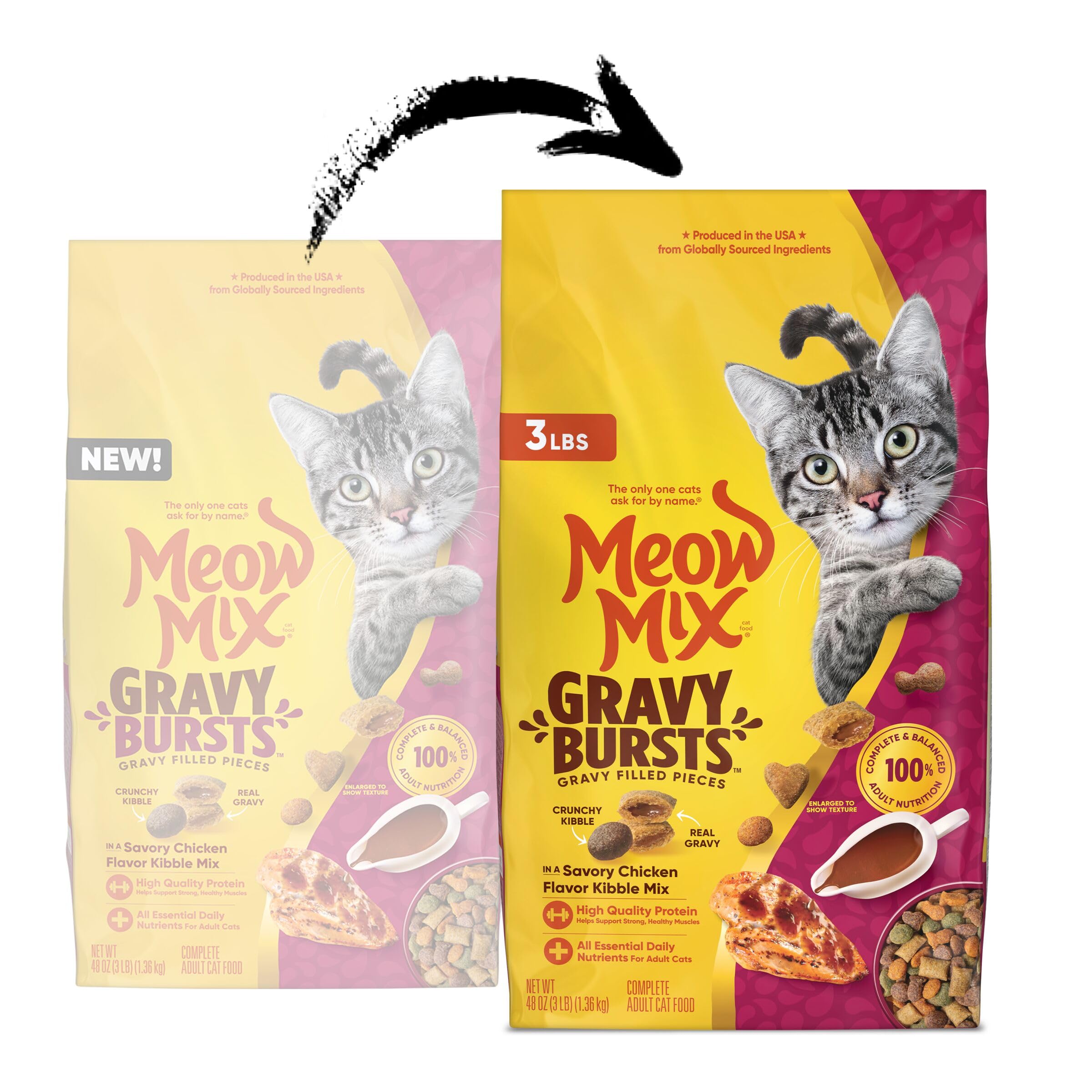 Meow Mix Gravy Bursts croquetas crujientes con jugo real para sabor.