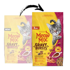 Meow Mix Gravy Bursts croquetas crujientes con jugo real para sabor.
