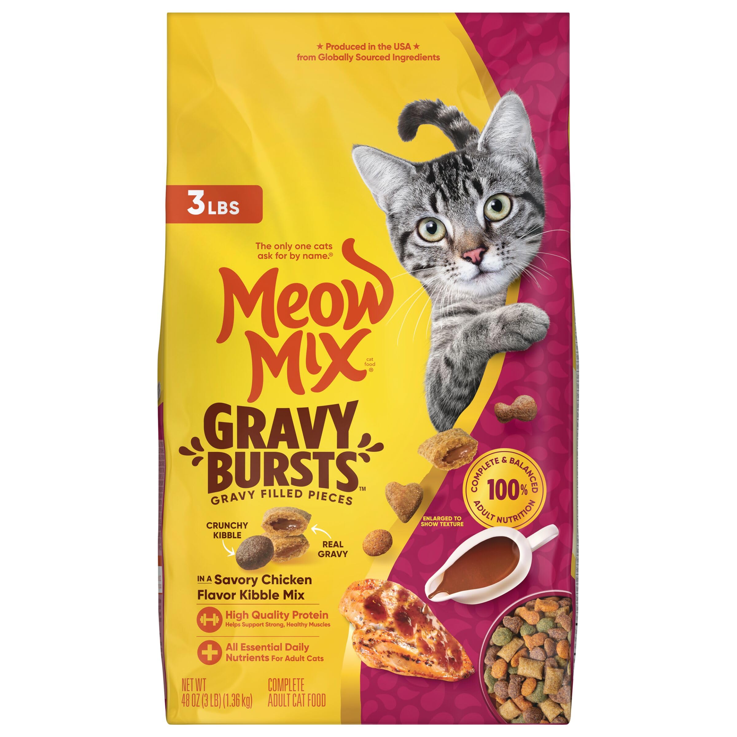 Meow Mix Gravy Bursts rutina diaria de alimentación para felinos.