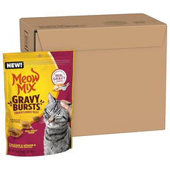 Meow Mix Gravy Bursts muestra textura crujiente con bolsillo de salsa en cada porción