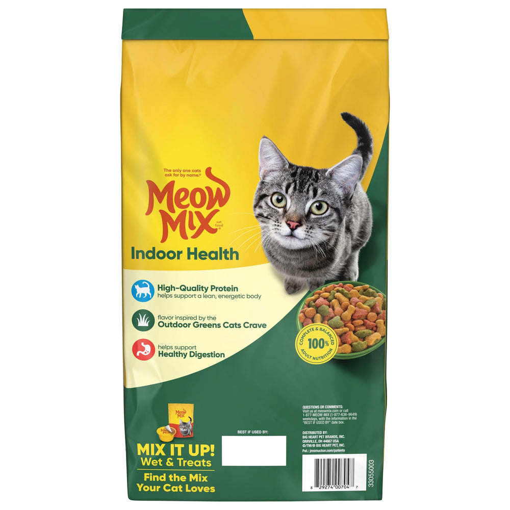 Meow Mix Indoor Health, fabricación en EE. UU. con ingredientes globales.