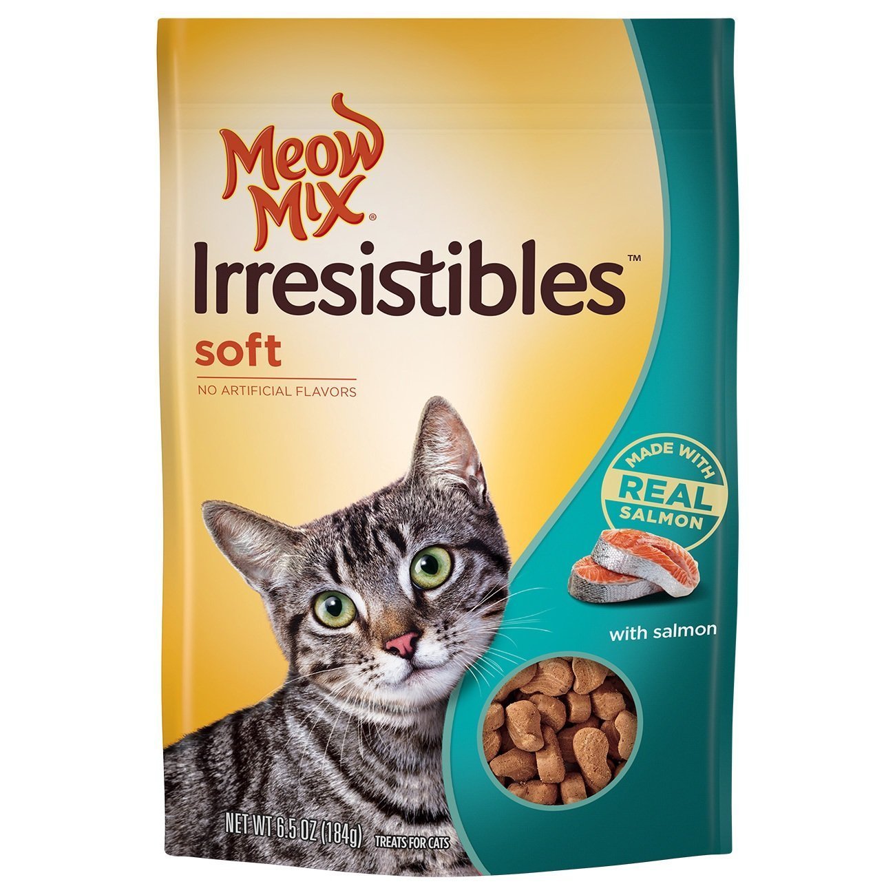 Meow Mix Irresistibles con salmón suave; premio delicioso para consentir a tu gato.