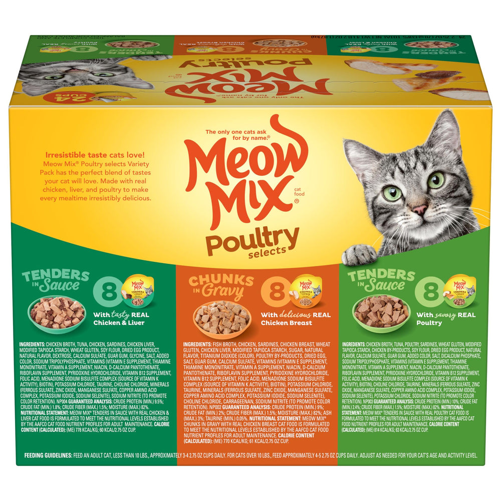 Meow Mix Opciones en salsa, pollo e hígado, útiles para gatitos y adultos.