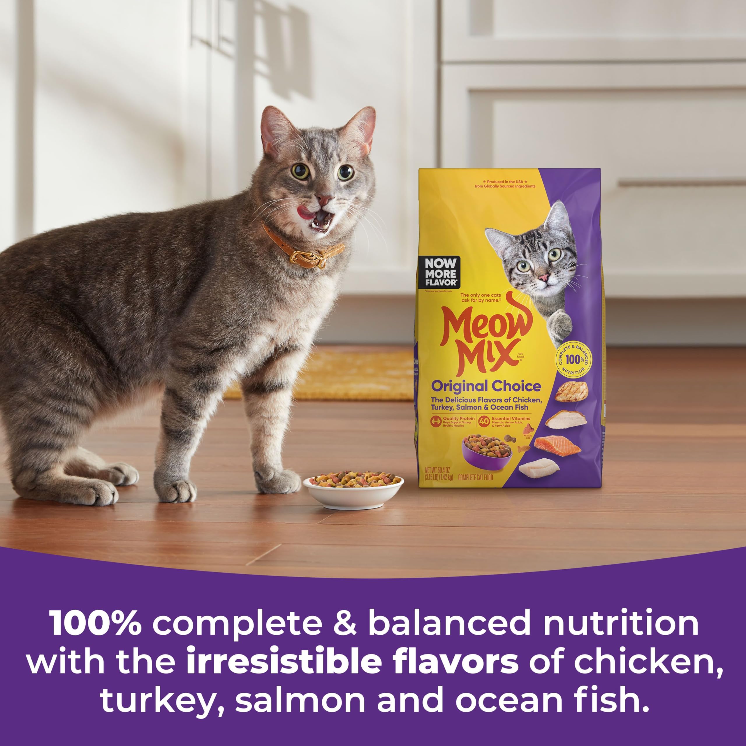 Meow Mix Original Choice, proteína de alta calidad para músculos fuertes en gatos adultos activos.