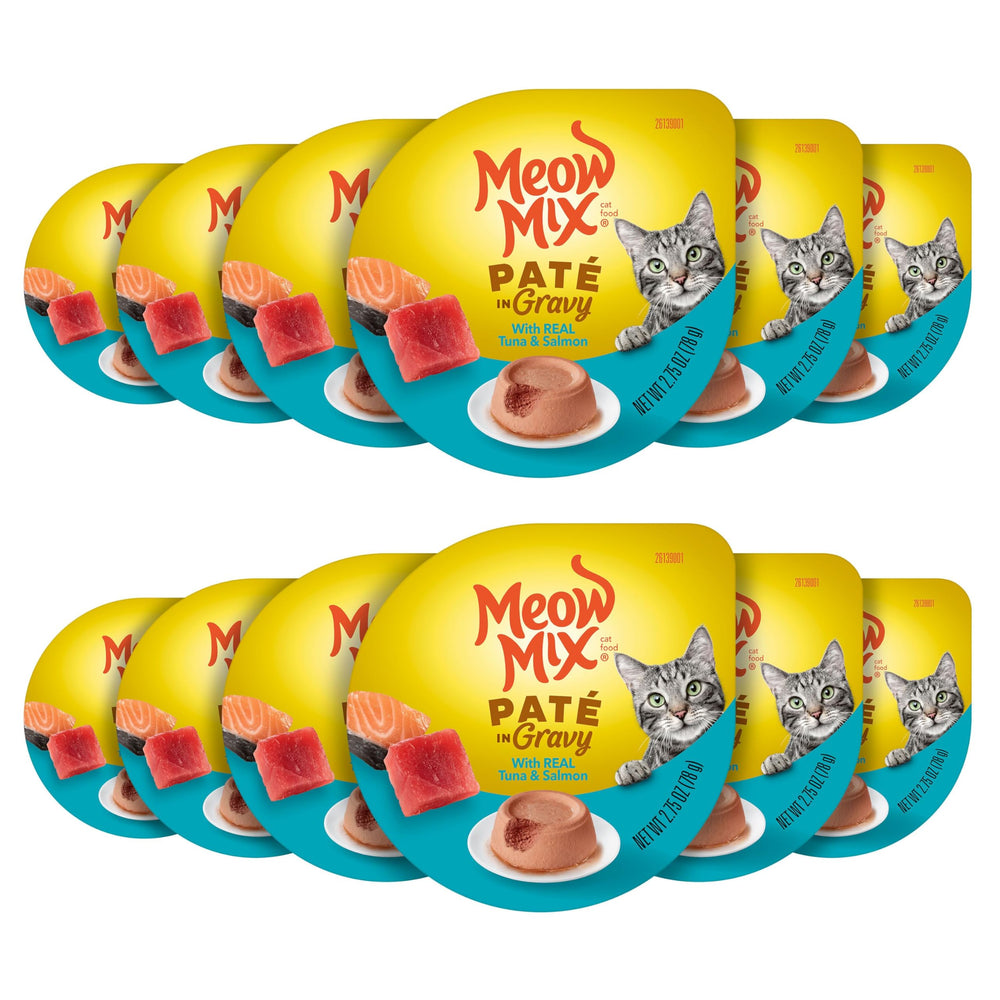 Meow Mix Paté en Gravy con atún y salmón, porciones listas para servir