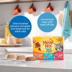 Paté en Gravy Meow Mix atún y salmón, sabor para gatos adultos.