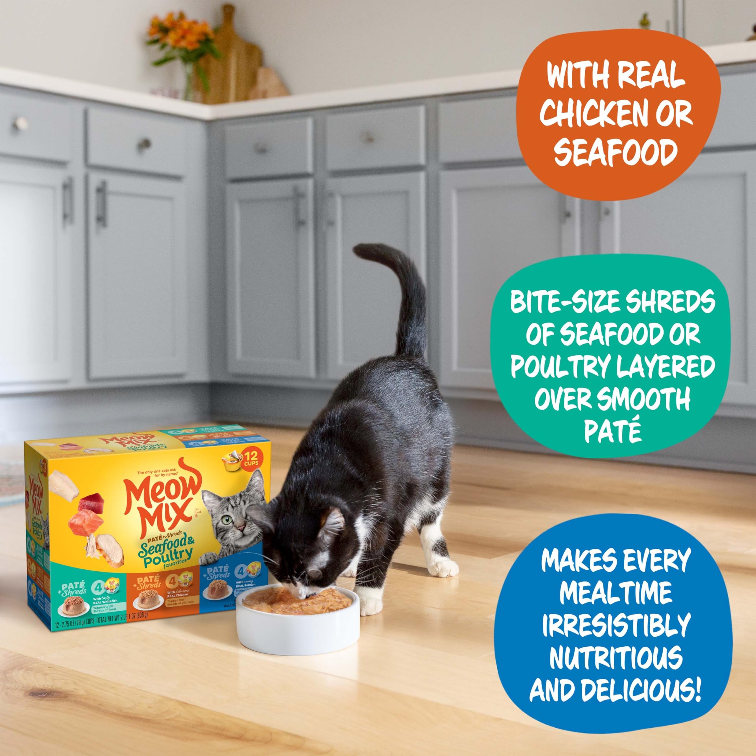 Meow Mix Paté y Trozos con pescado blanco y atún, sabor marino