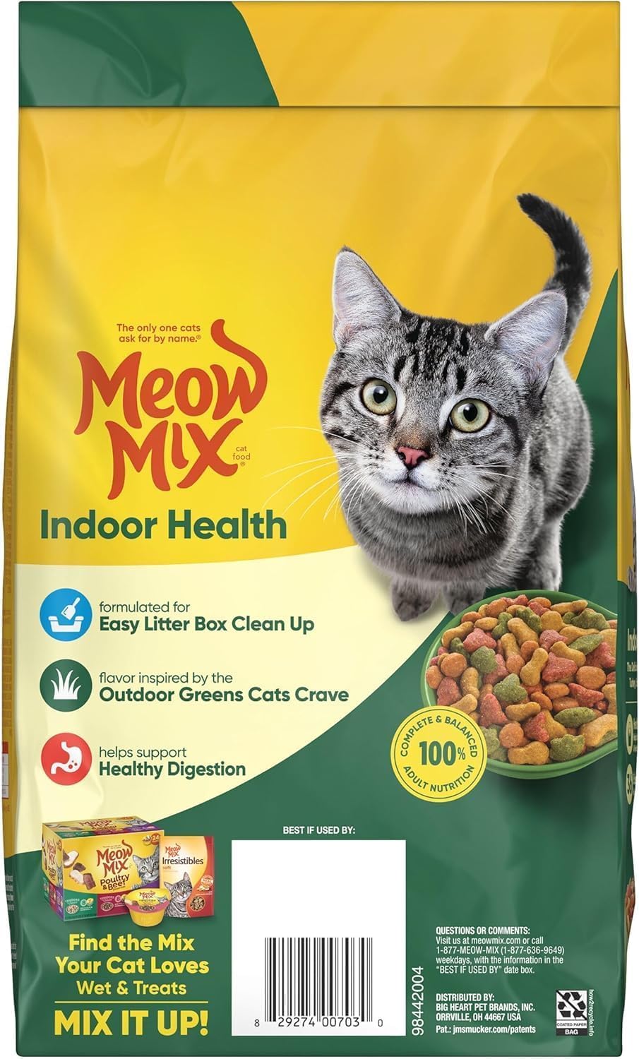 Meow Mix Indoor Health: envase listo para almacenamiento doméstico.