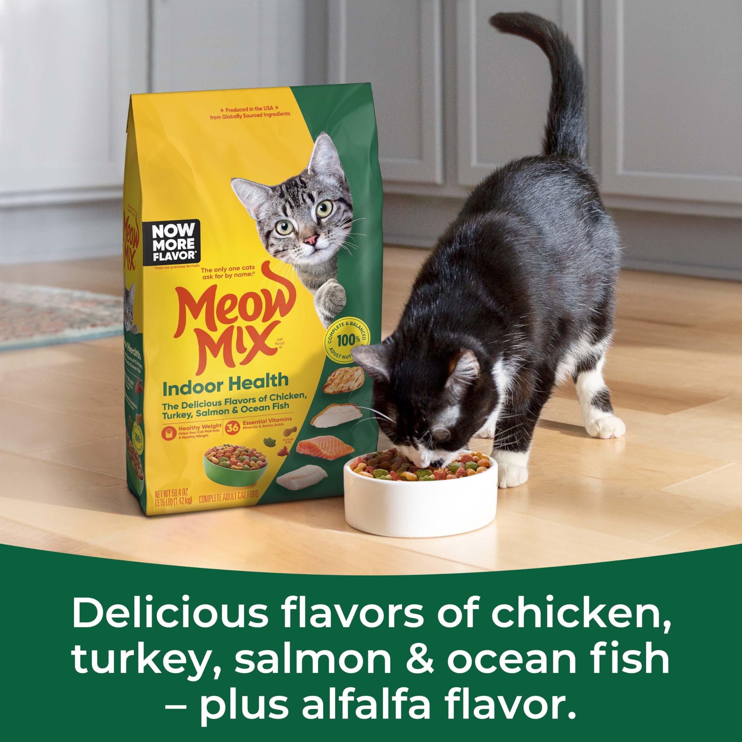 Meow Mix Indoor Health: etiqueta nutricional con nutrientes esenciales.