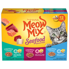 Meow Mix Seafood Favorites trozos en gravy pack 12 cups, práctico para cada comida