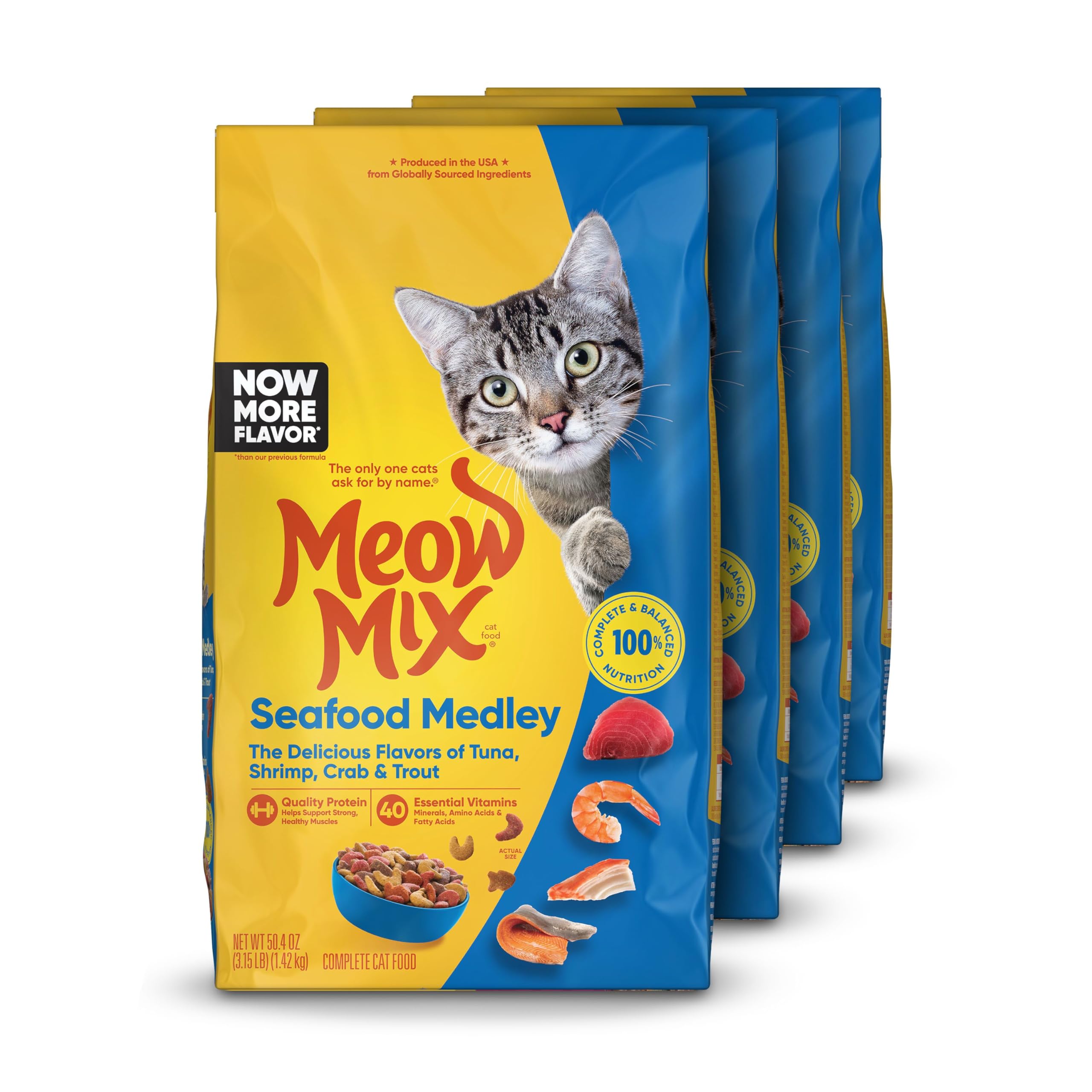 Meow Mix Seafood Medley, bolsa de 3-15 lb, paquete de 4 para alimentación diaria equilibrada.
