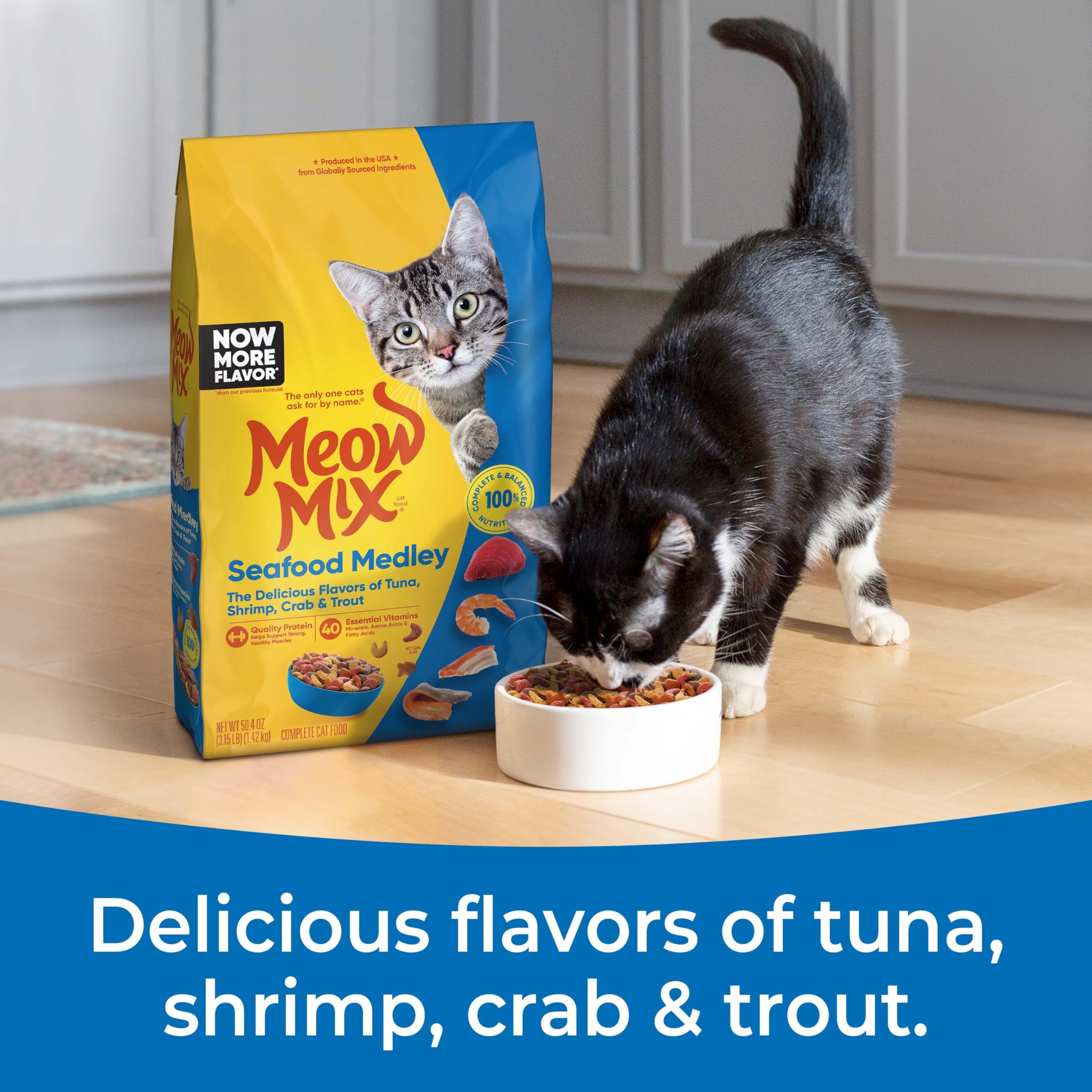 Meow Mix Seafood Medley, croquetas para gatos adultos con sabor marino.