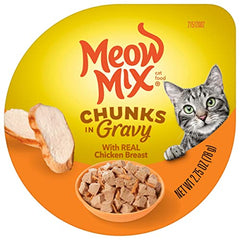 Meow Mix tapas despegables, porciones individuales para cada comida.