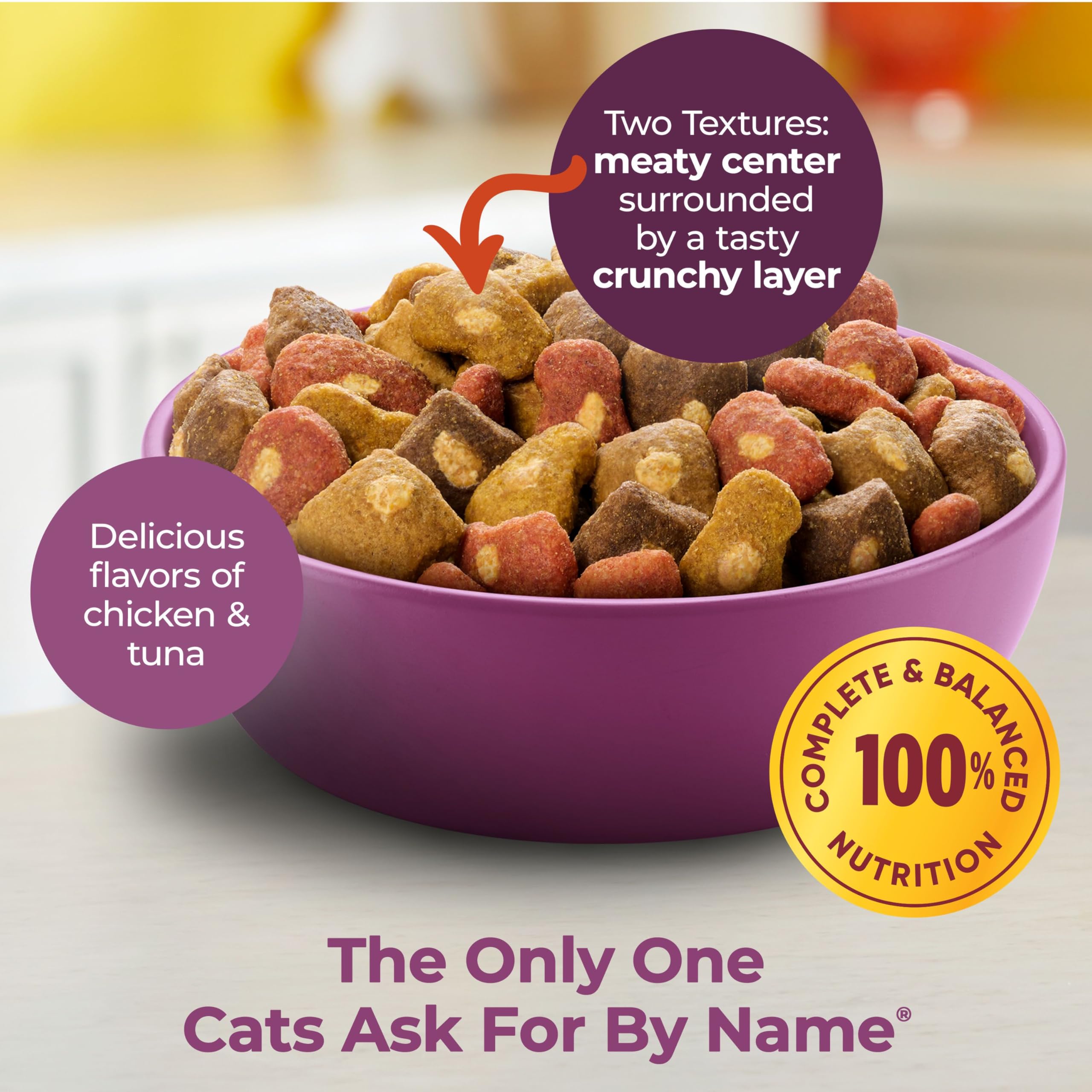 Meow Mix Tender Centers, nutrición completa para gatos adultos y dientes sanos.