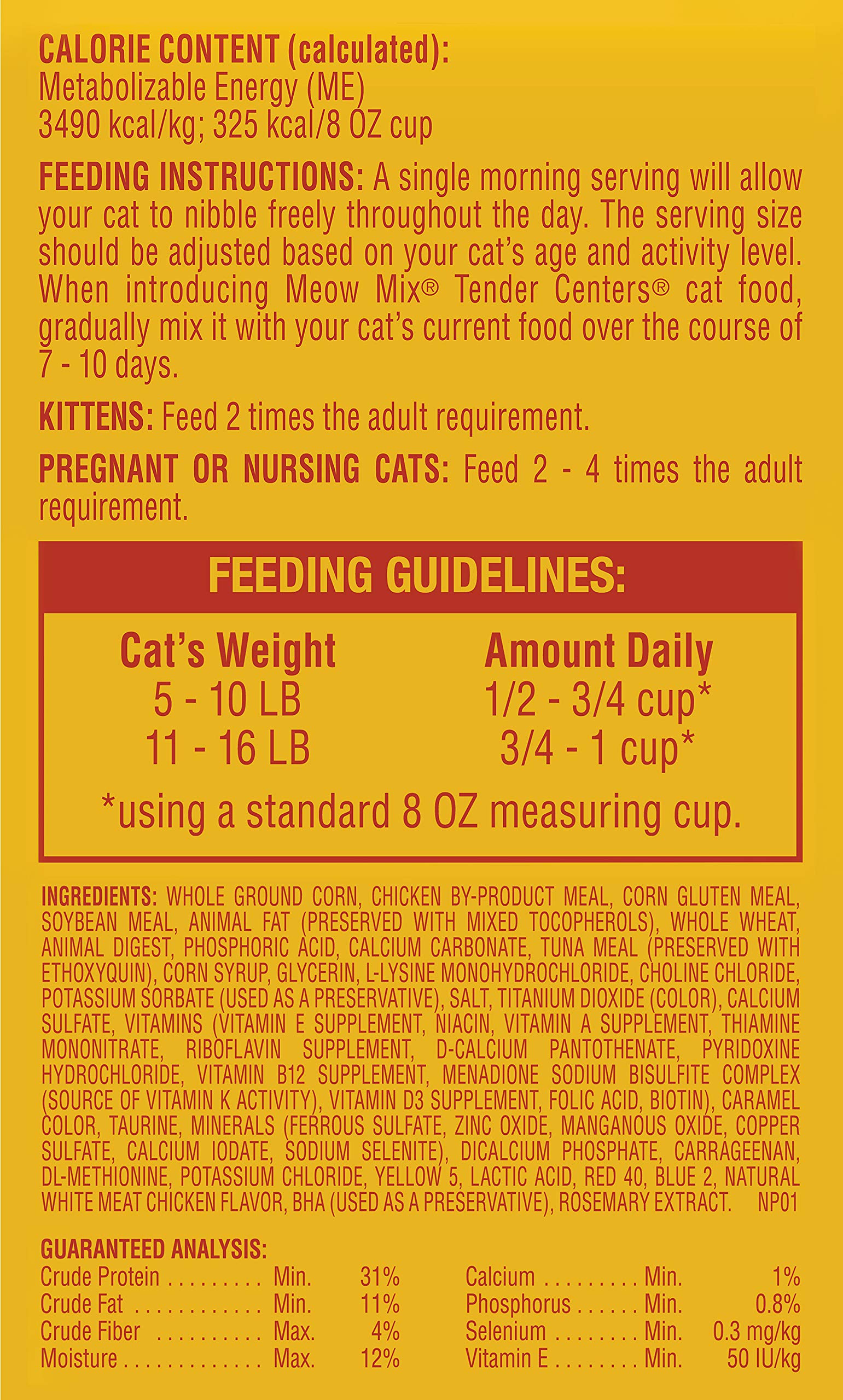 Meow Mix Tender Centers, producido en EE. UU. con ingredientes globales.