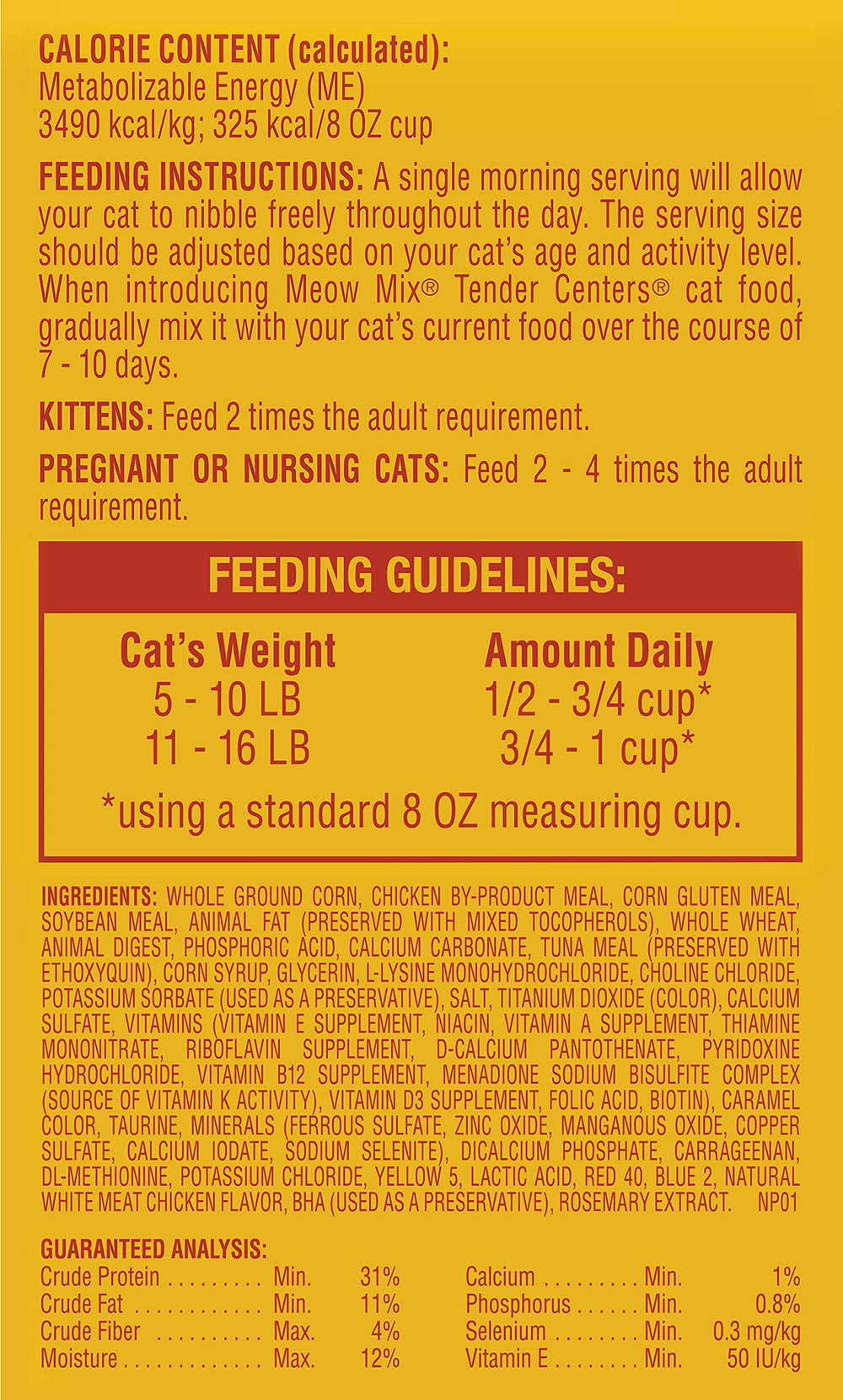 Meow Mix Tender Centers, producido en EE. UU. con ingredientes globales.
