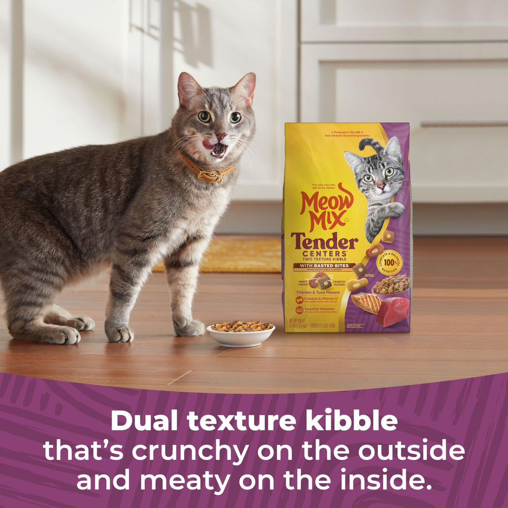 Meow Mix Tender Centers con Basted Bites, croquetas sabor pollo y atún para gatos.