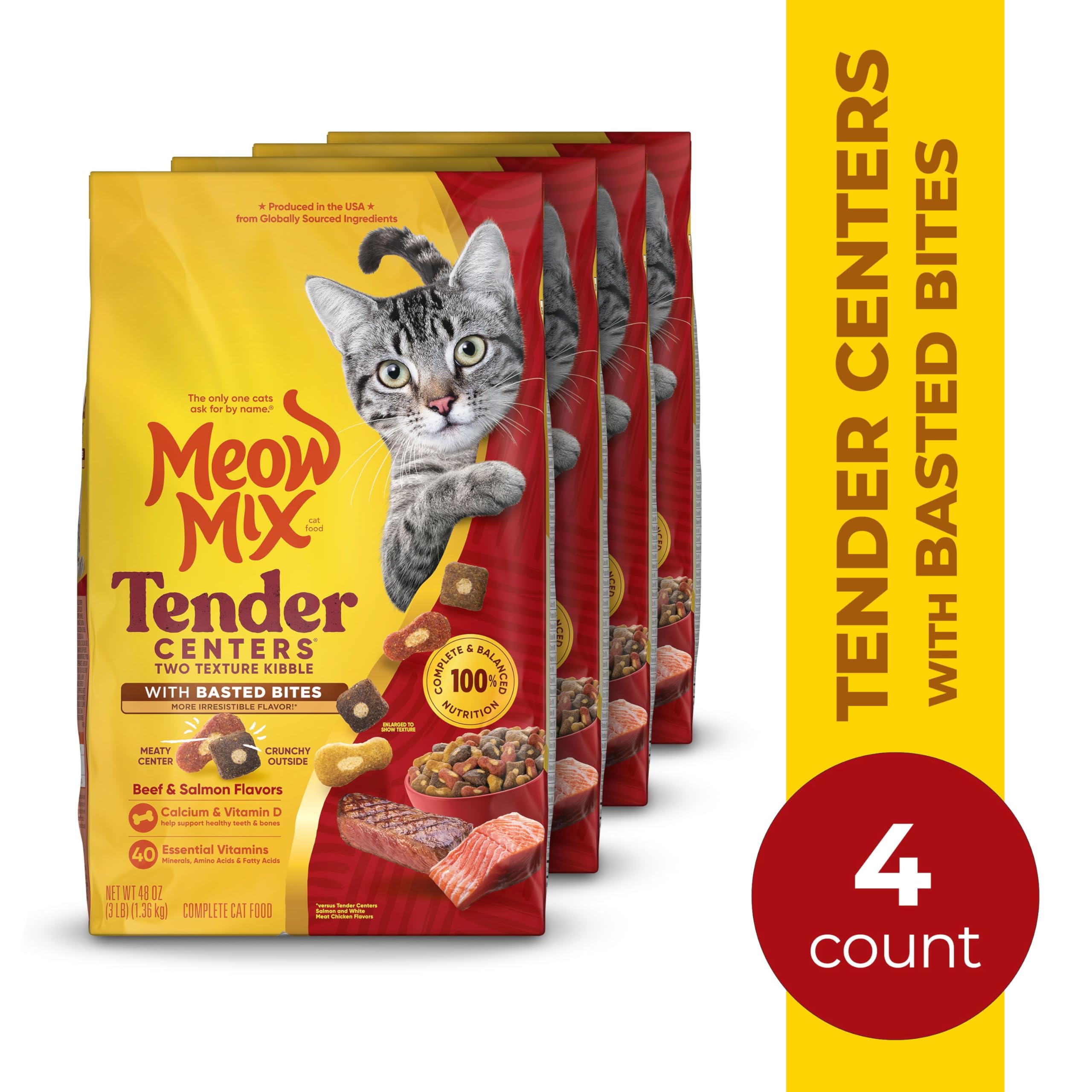 Meow Mix Tender Centers con Basted Bites, texturas de dos granulos para mayor interés.
