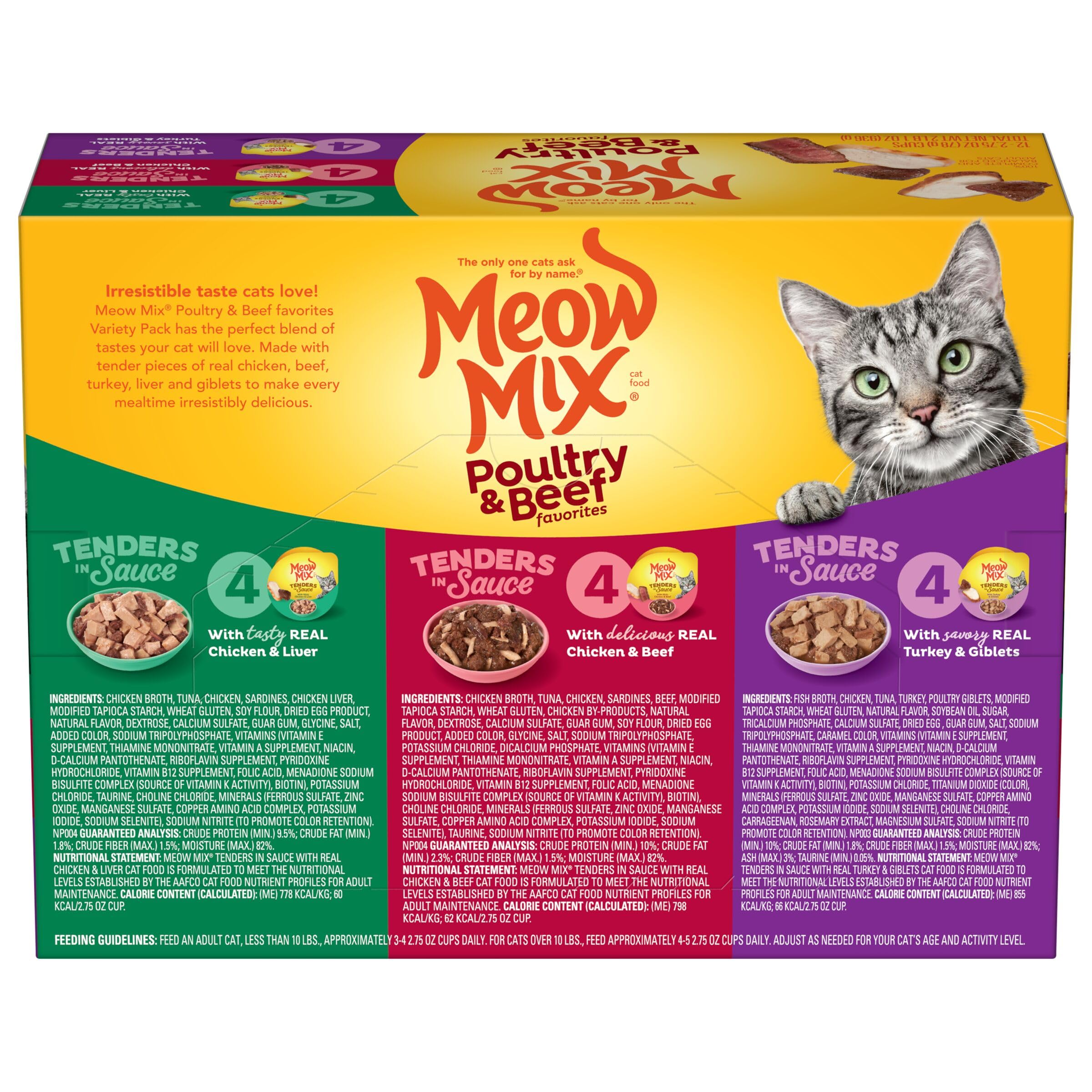 Meow Mix Tenders 48 tazas en un empaque conveniente.
