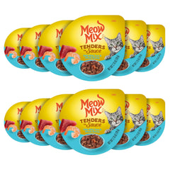 Meow Mix Tenders en Salsa, tazas fáciles de servir para gatos felices.