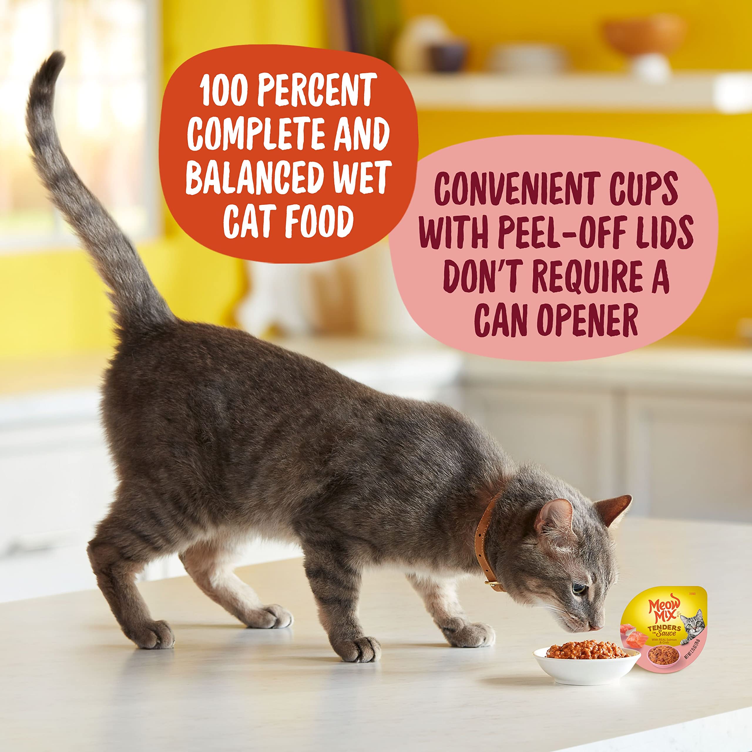 Paquete de doce tazas de Meow Mix Tenders para familias con gatos.
