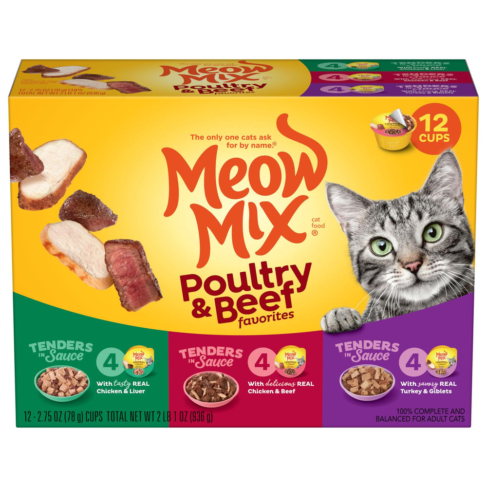 Meow Mix Tenders pollo hígado en salsa, sabor suave para gatos.
