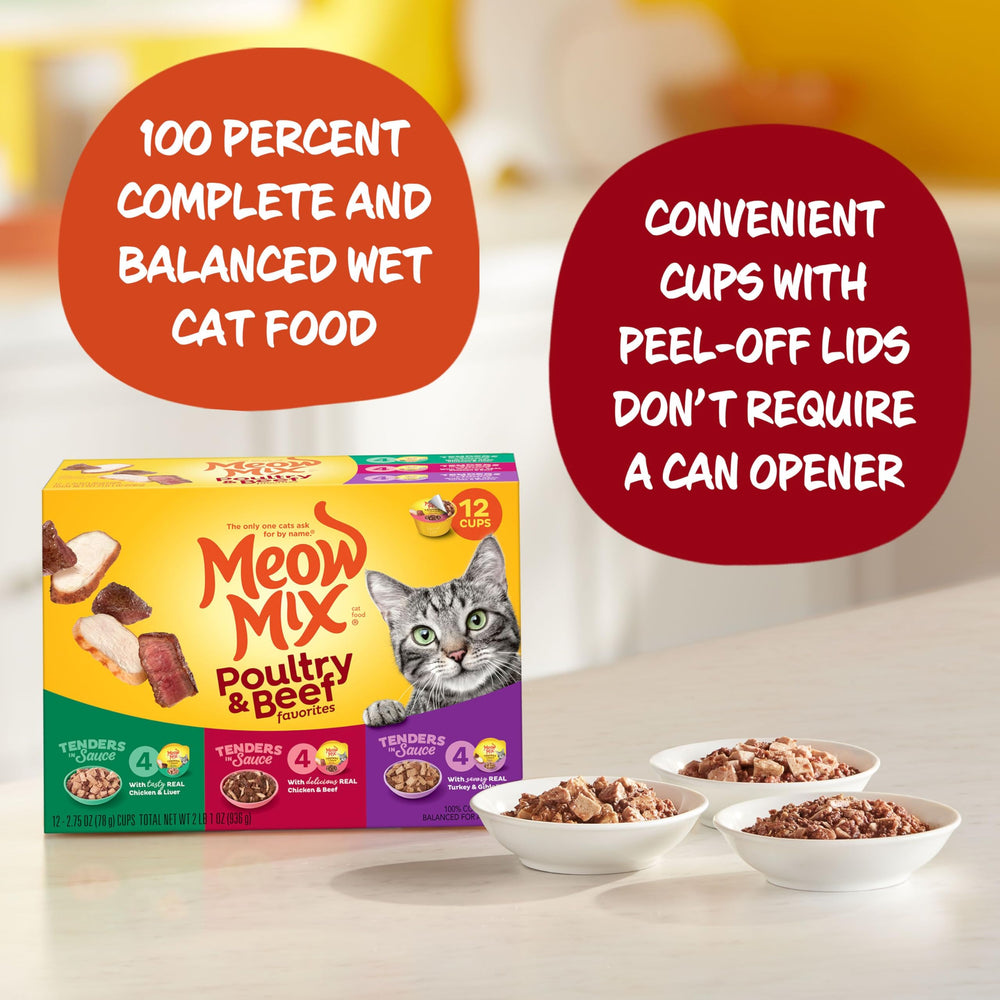Meow Mix Tenders pollo y res en salsa, opción diaria para gatos.