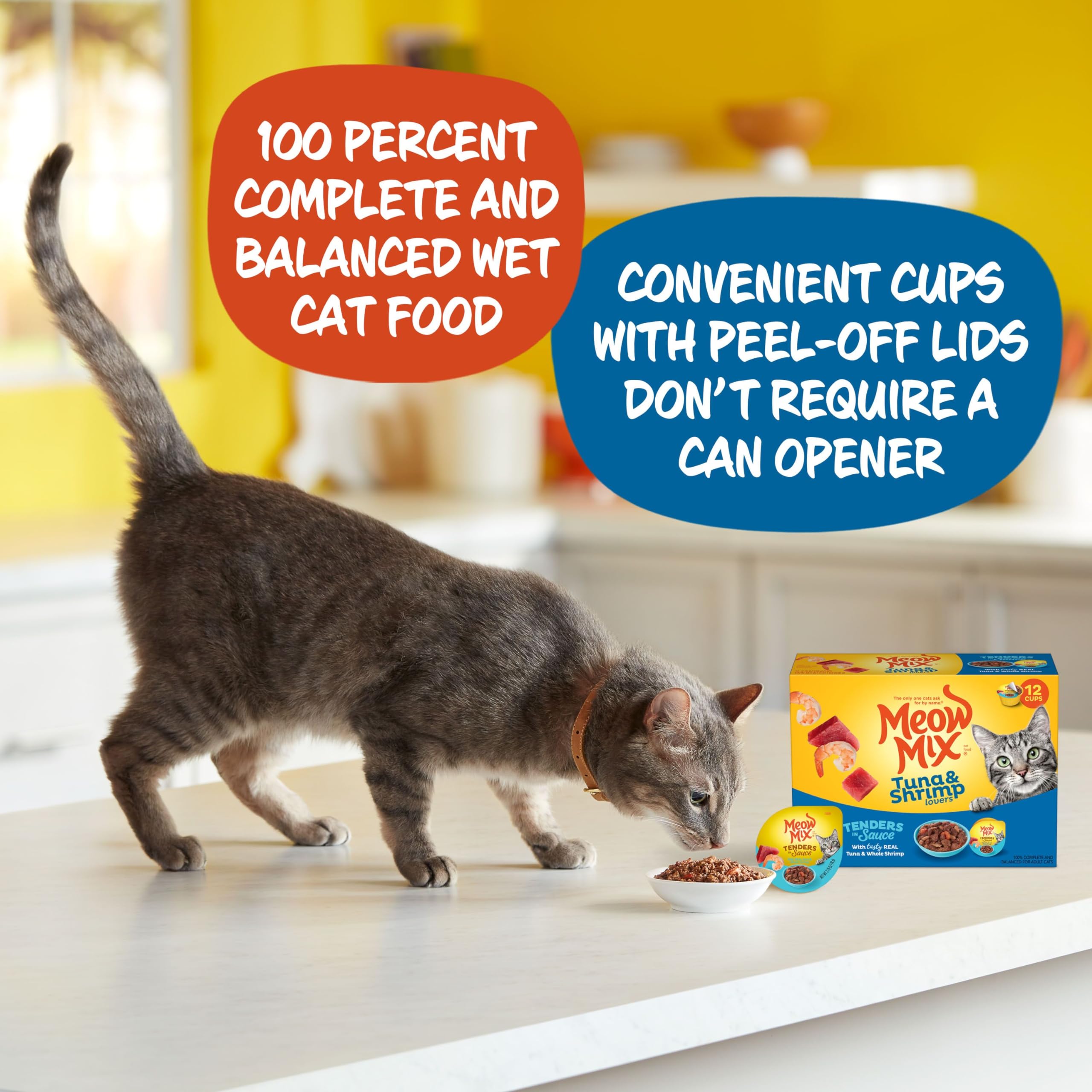 Meow Mix Tenders en Salsa, visual de taza práctica para la hora de comer.