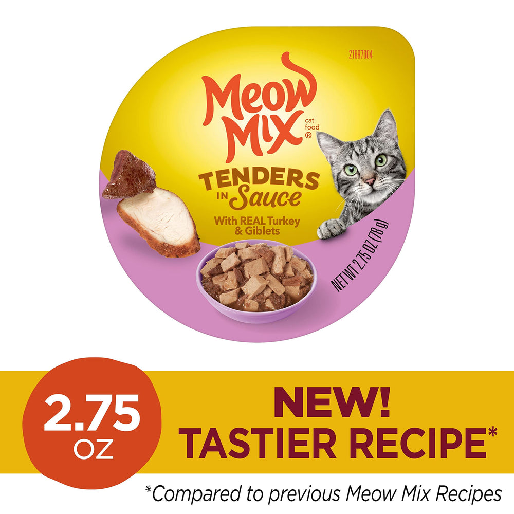 Meow Mix Tenders en Salsa, despojos en salsa, textura sabrosa para gusto exigente.