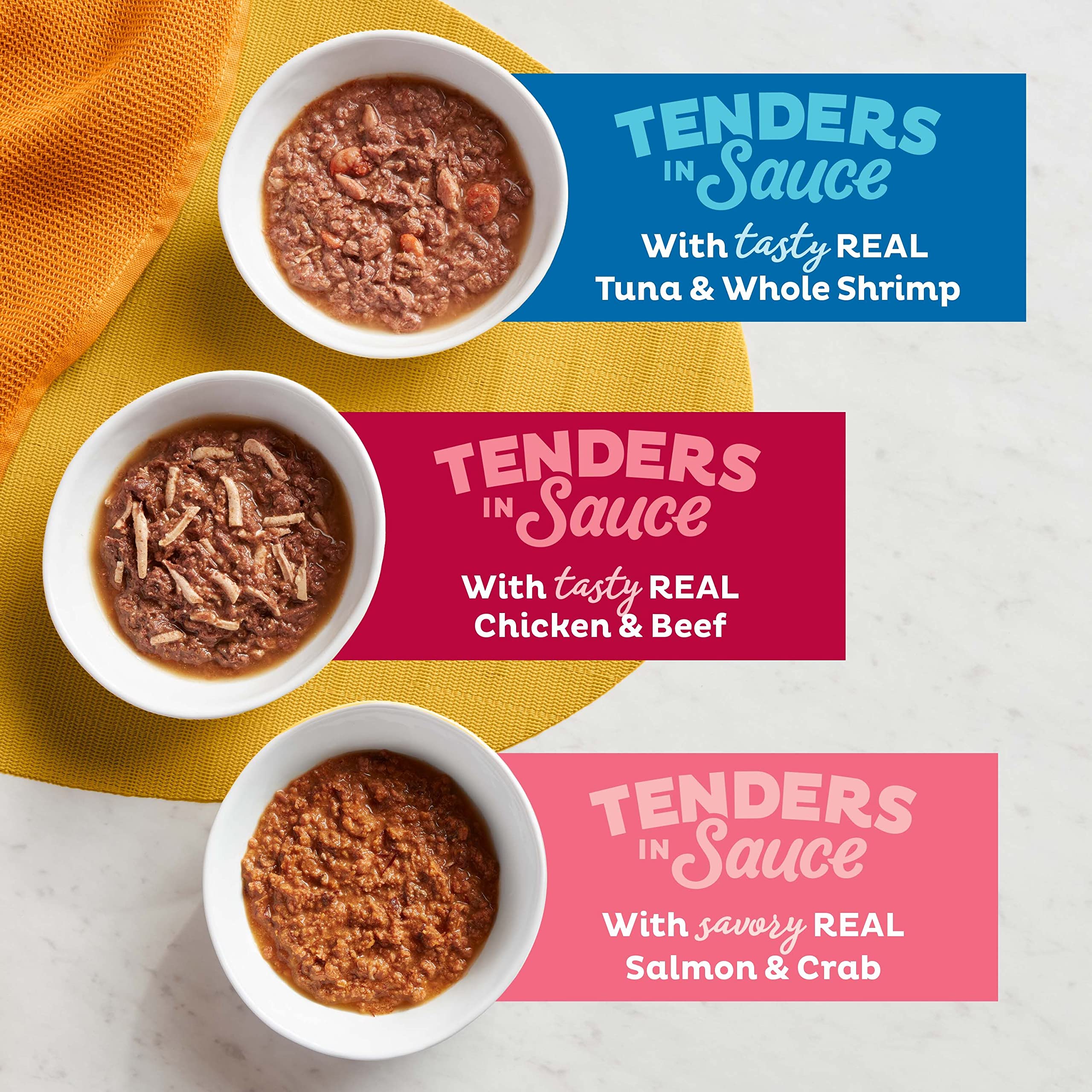 Meow Mix Tenders en Salsa Salmón y Cangrejo, sabor delicioso para gatos activos