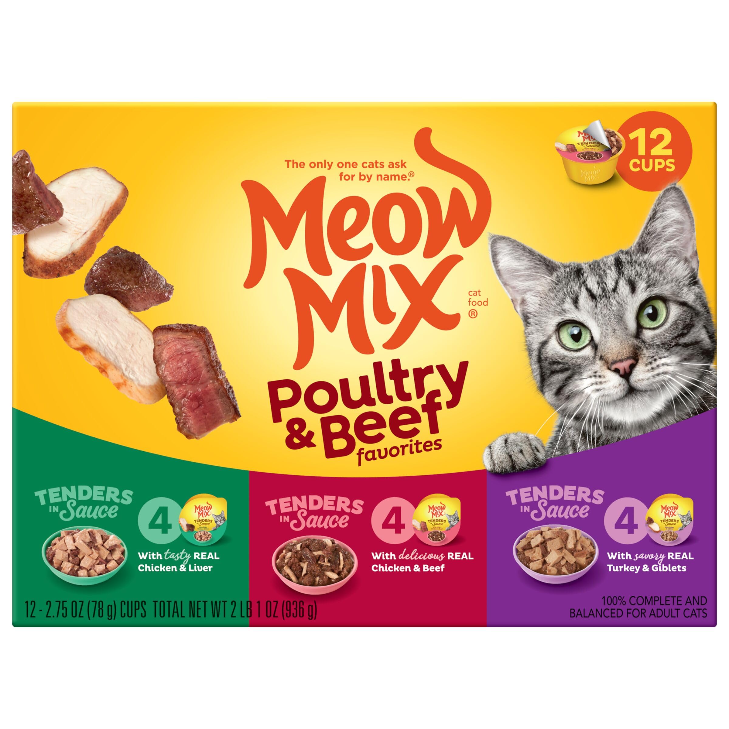 Meow Mix Tenders envase individual para porciones controladas.