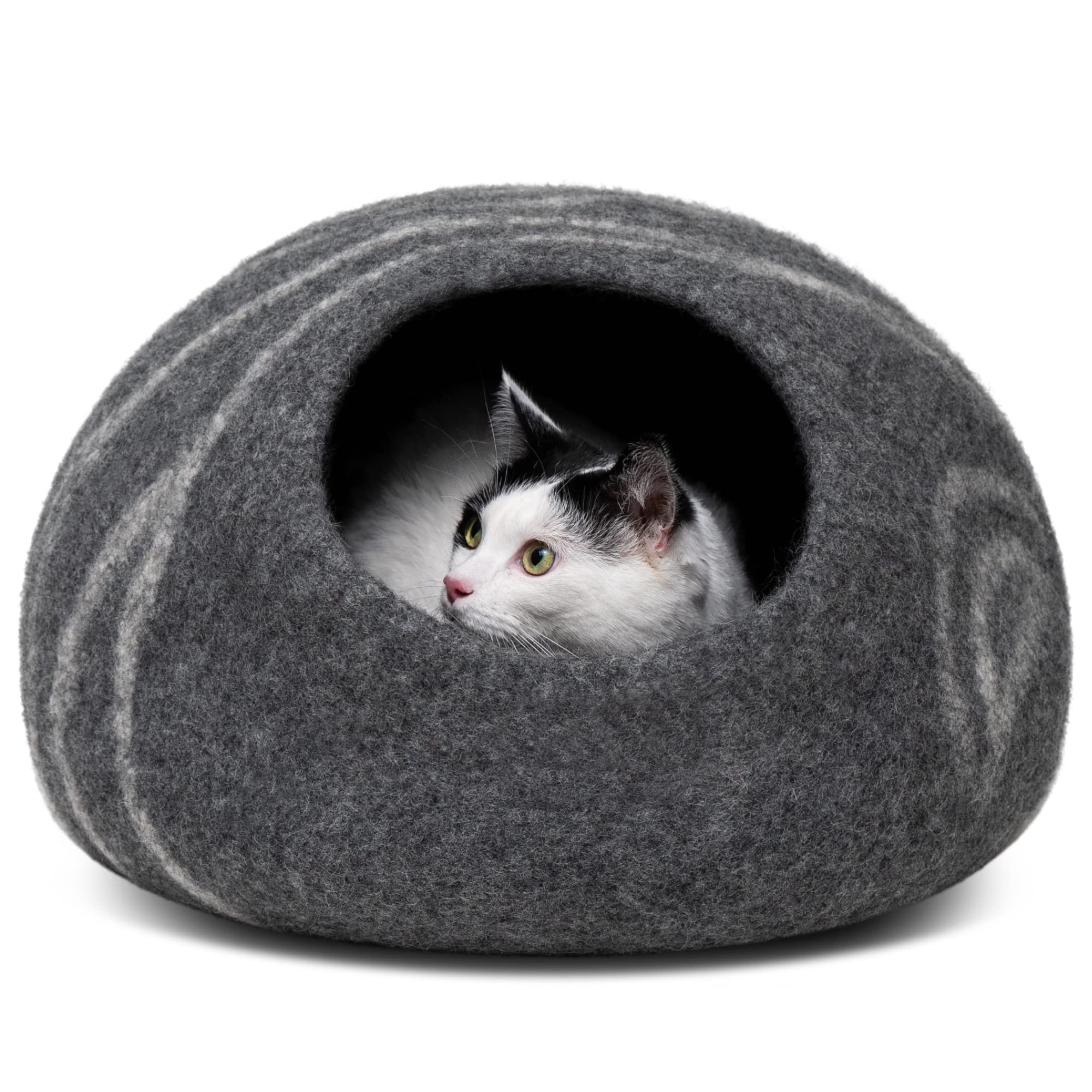 MEOWFIA Cueva de gato en lana merino gris oscuro, refugio cálido para interiores.