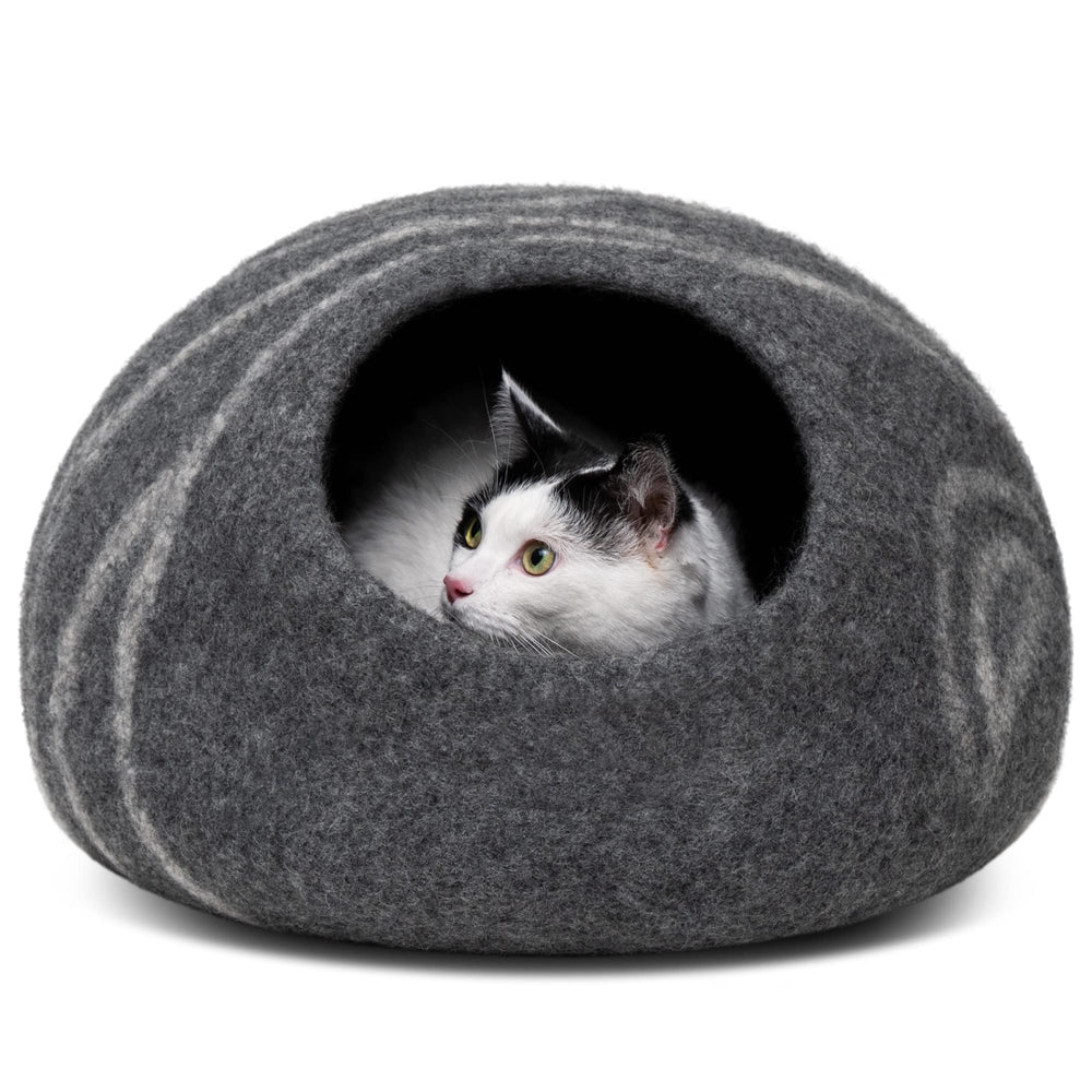 MEOWFIA Cueva de gato en lana merino gris oscuro, refugio cálido para interiores.