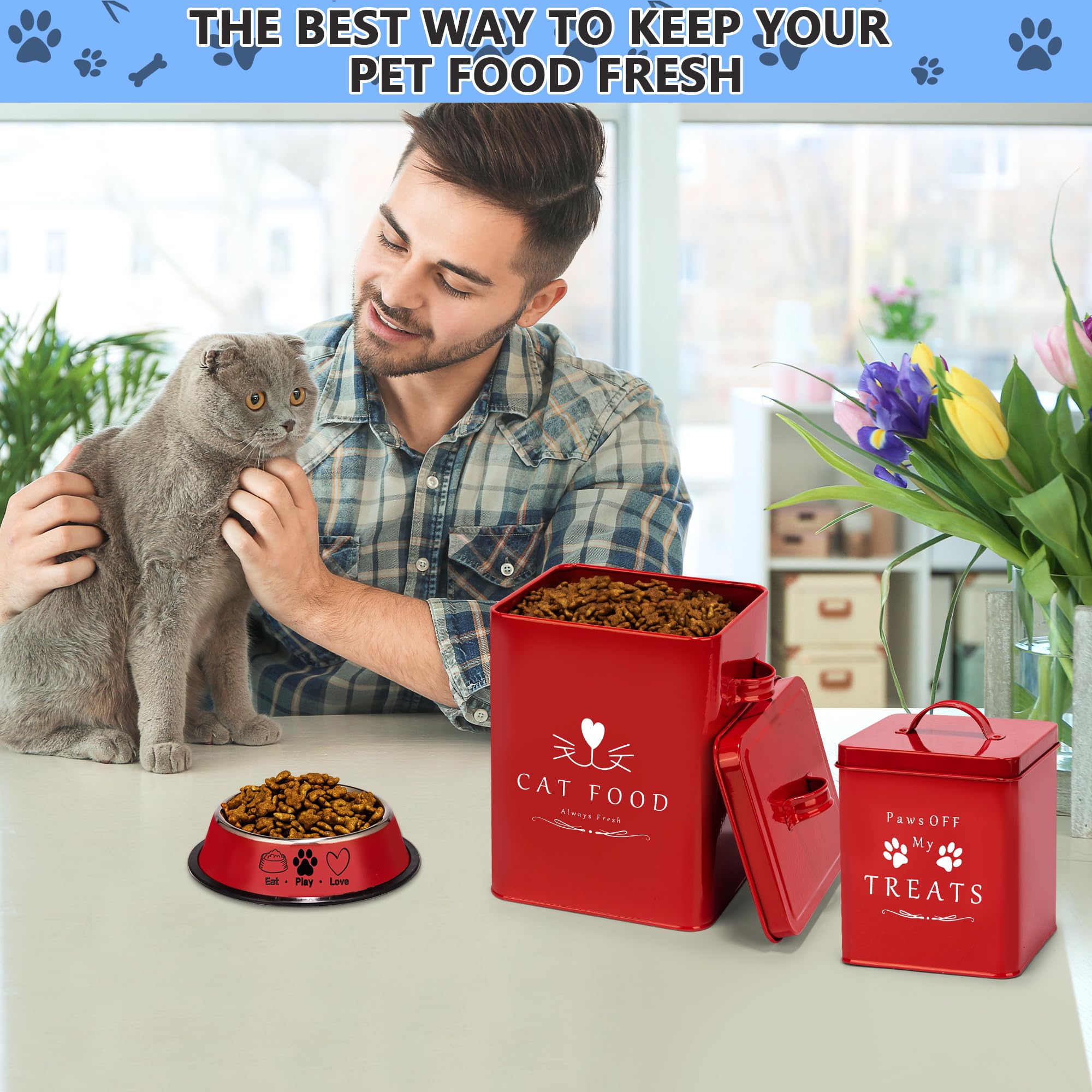 Meraki Home contenedor para golosinas de gato metalico con tapa ayuda a conservar porciones.