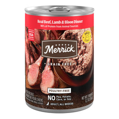 Merrick alimento enlatado sin cereales con res, cordero y bisonte para perros adultos.