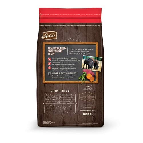 Merrick alimento seco para perro con res y bisonte batata dulce, digestión saludable.