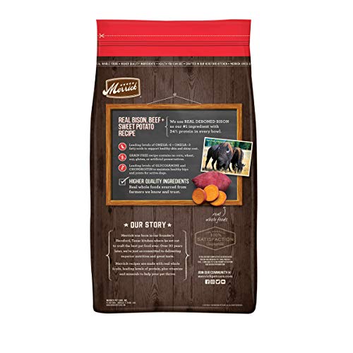 Merrick alimento seco premium, con carne real y batata para nutrición equilibrada.