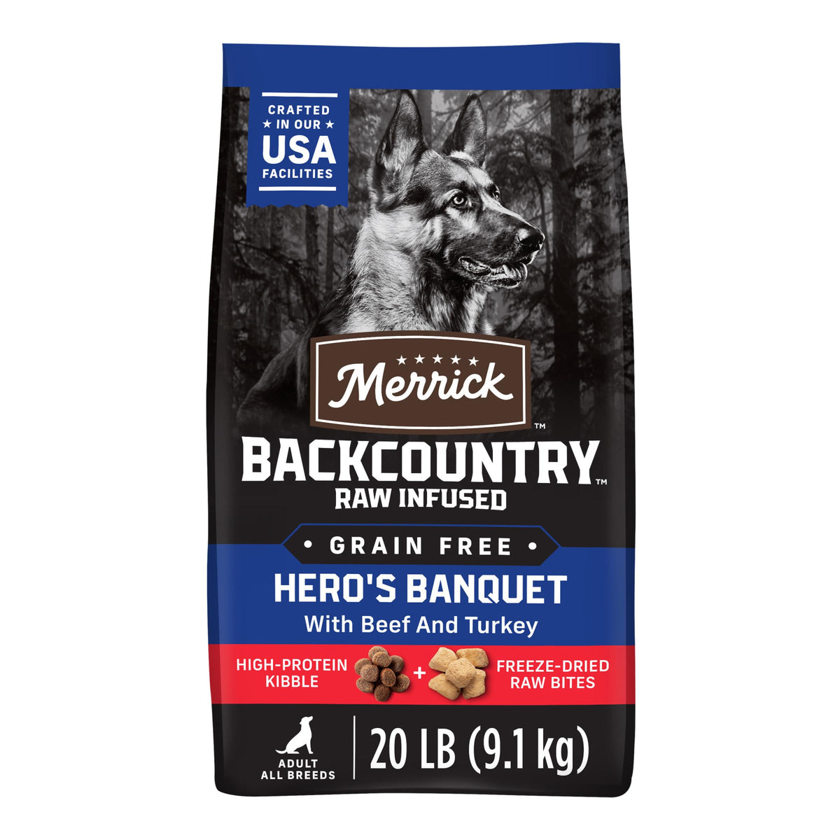Merrick Backcountry Banquete del Héroe, bolsa 20 lb, alimento equilibrado para perros activos.